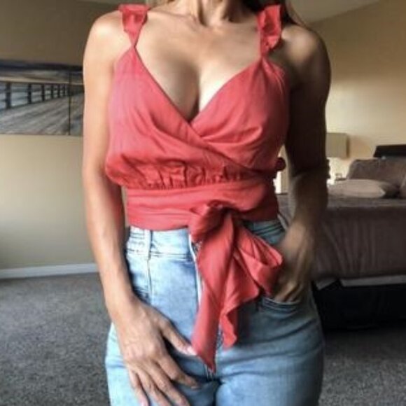 Express Baked Apple Wrap Front Ruffle Strap Tie Front Cami SZ L - Picture 3 of 8